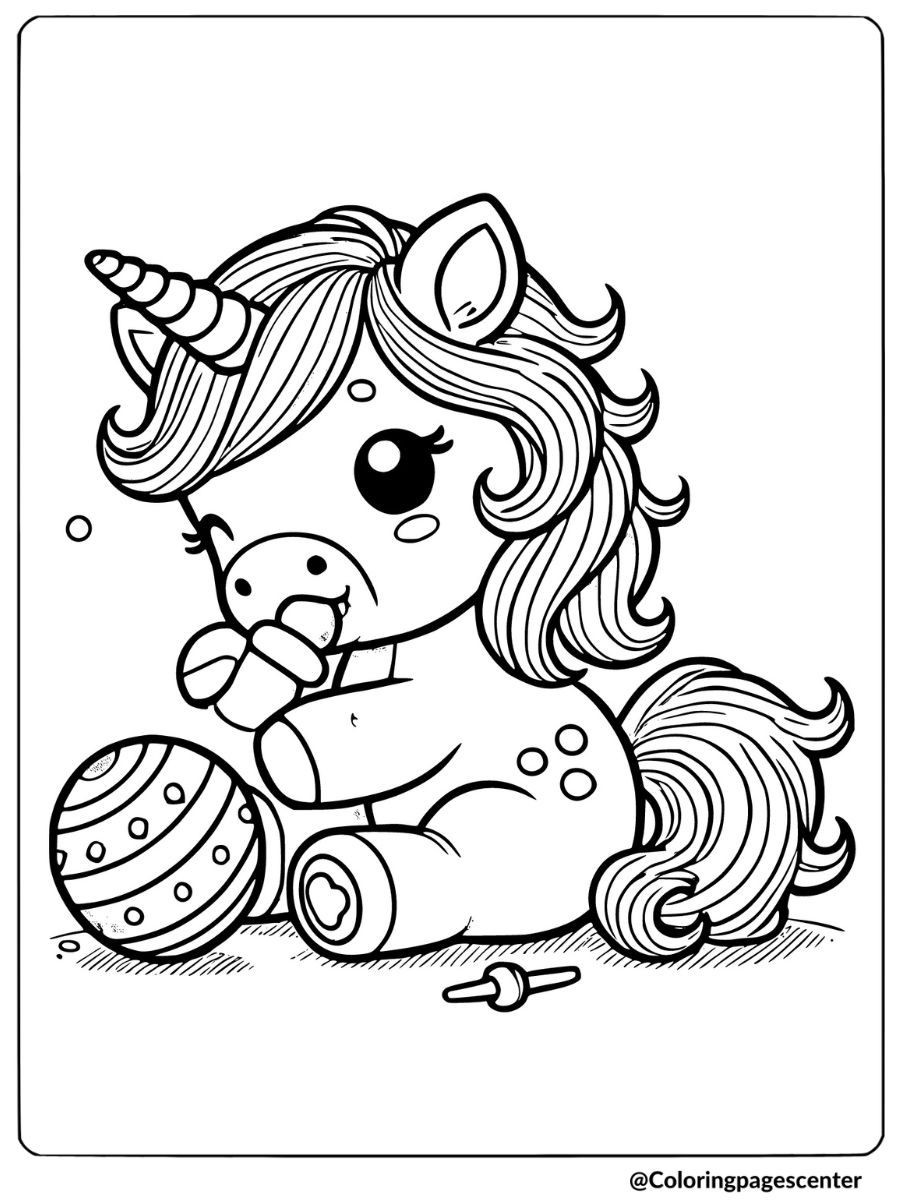 Baby unicorn playing with a toy ball cute coloring page