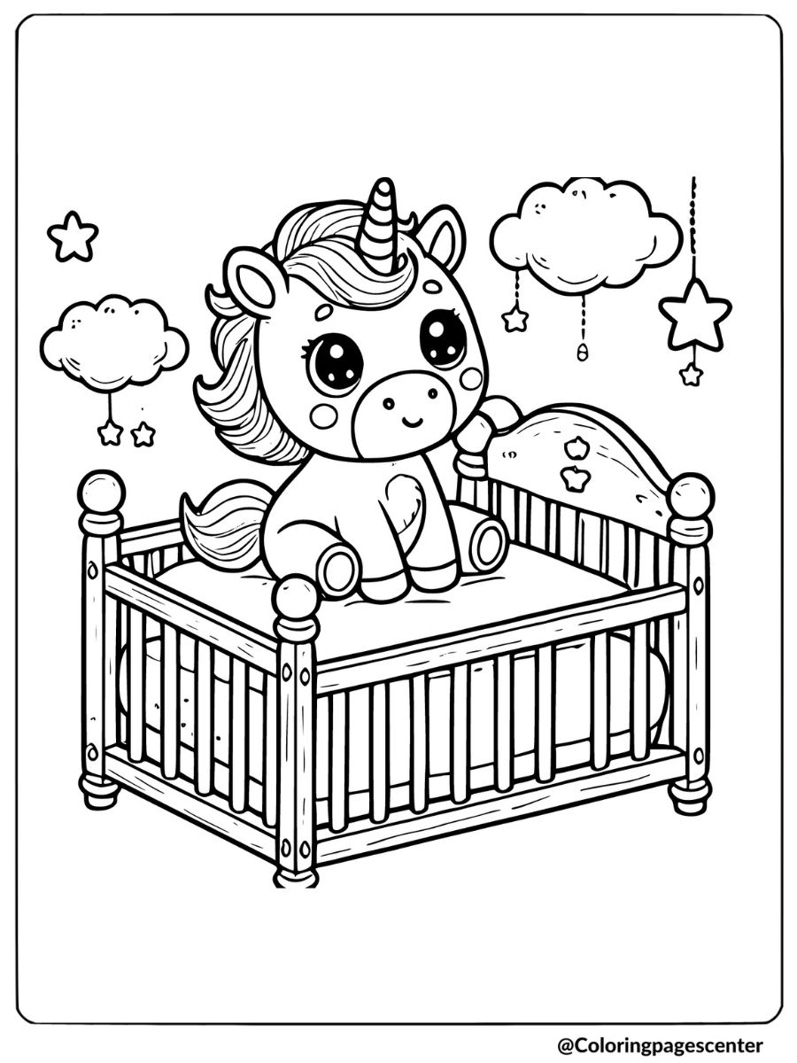 Baby unicorn sitting in a crib adorable coloring page