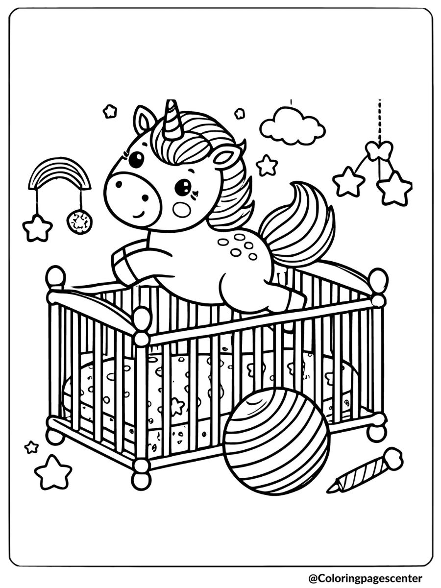 Baby unicorn playing in a crib delightful coloring page