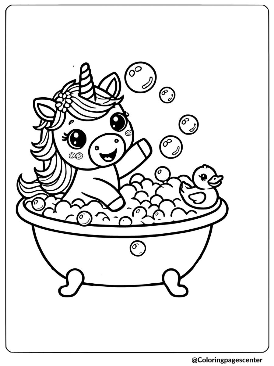 Baby unicorn playing in the bathtub joyful coloring page