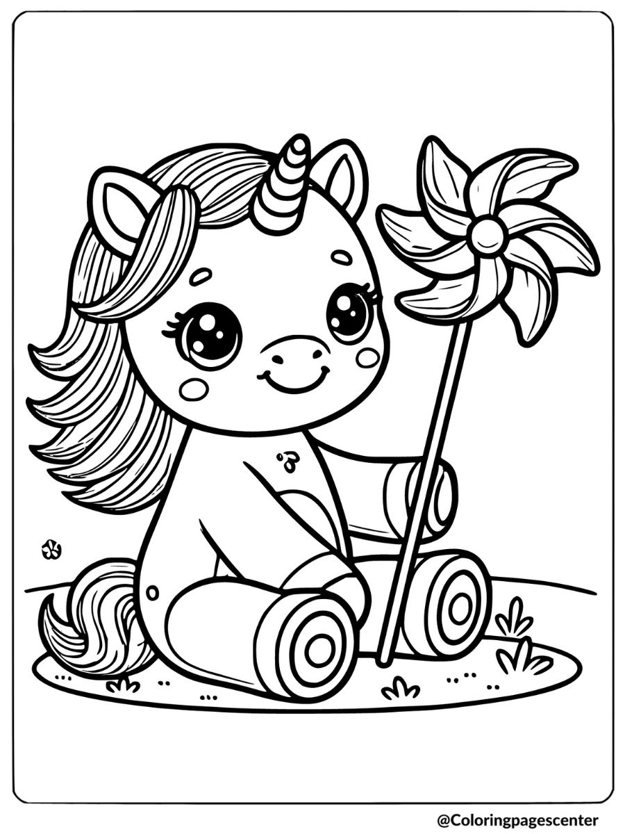 Baby unicorn holding a pinwheel fun coloring page