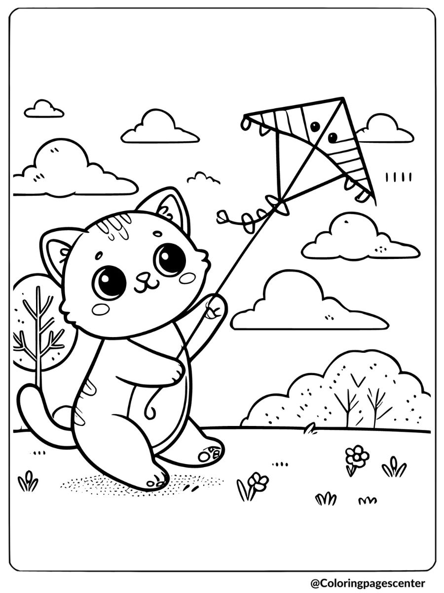 Cartoon cat flying kite coloring page