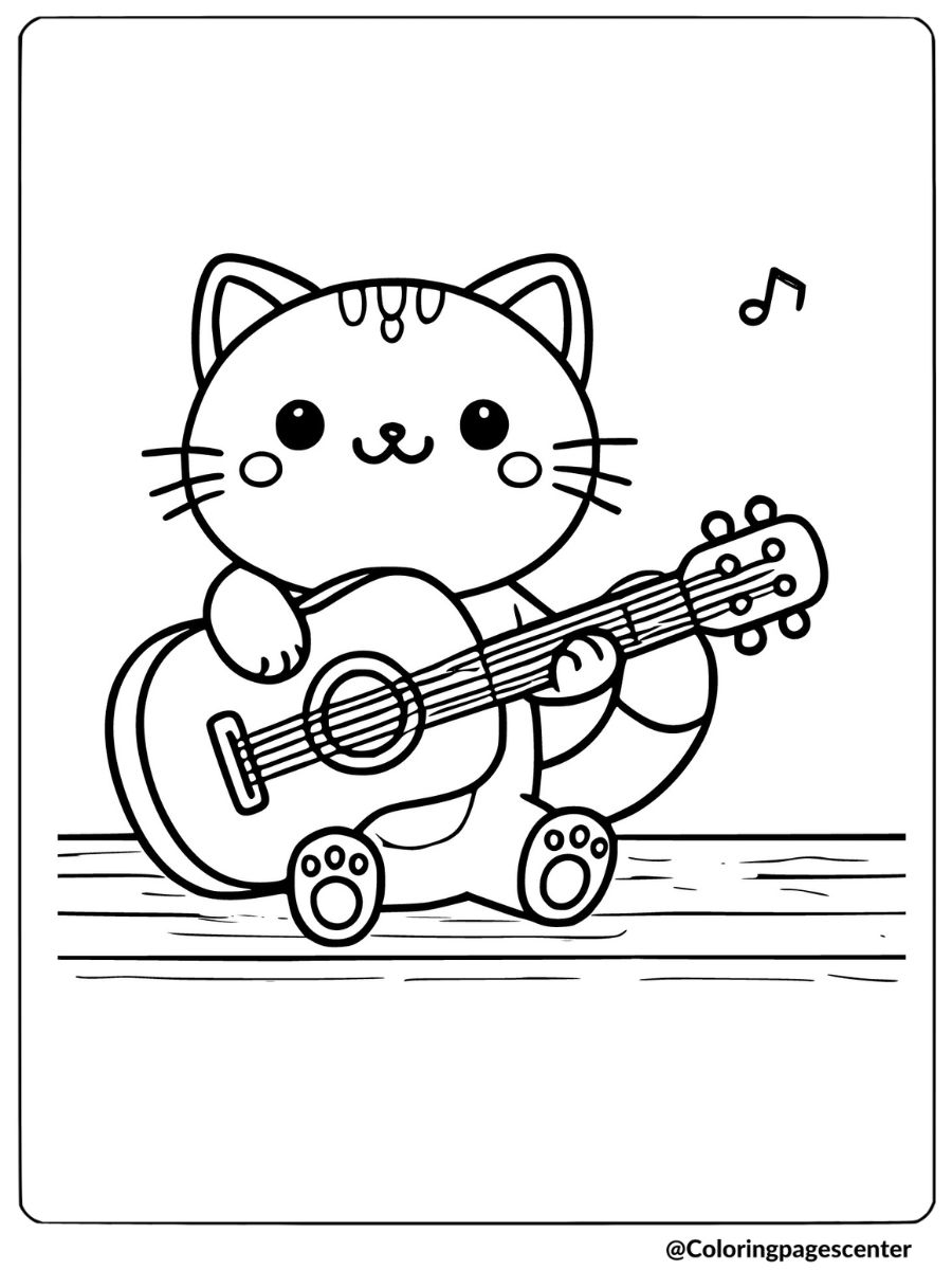 Cartoon cat playing guitar coloring page