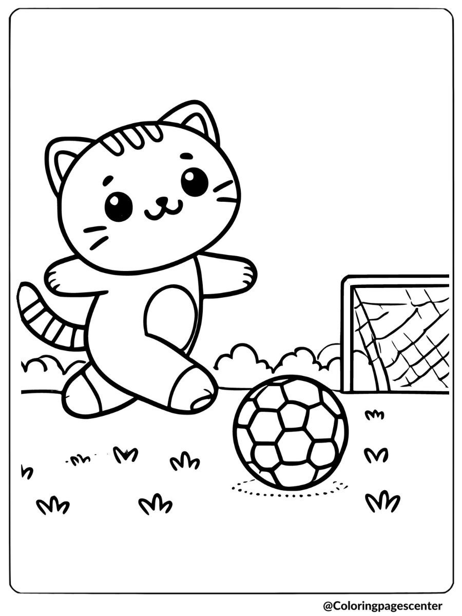 Cartoon cat playing soccer coloring page