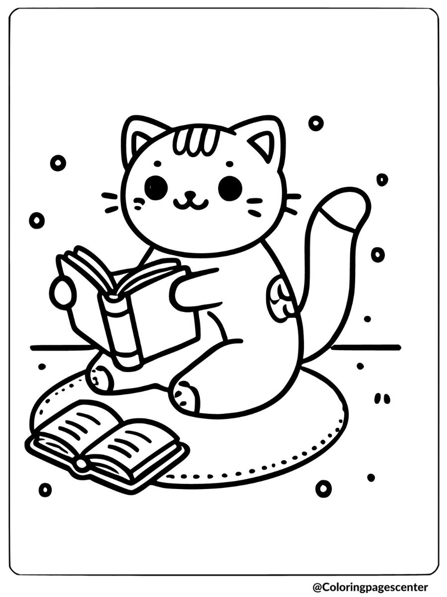 Cartoon cat reading book coloring page