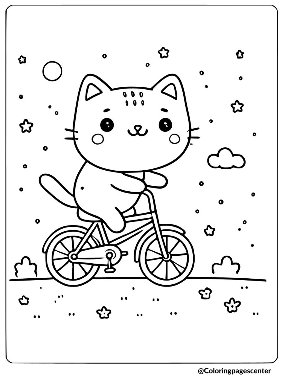 Cartoon cat riding bicycle coloring page