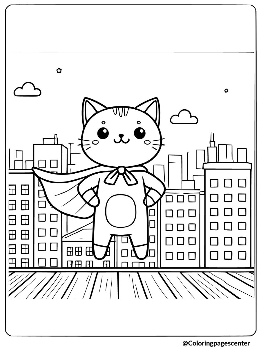 Cartoon cat superhero cape coloring page