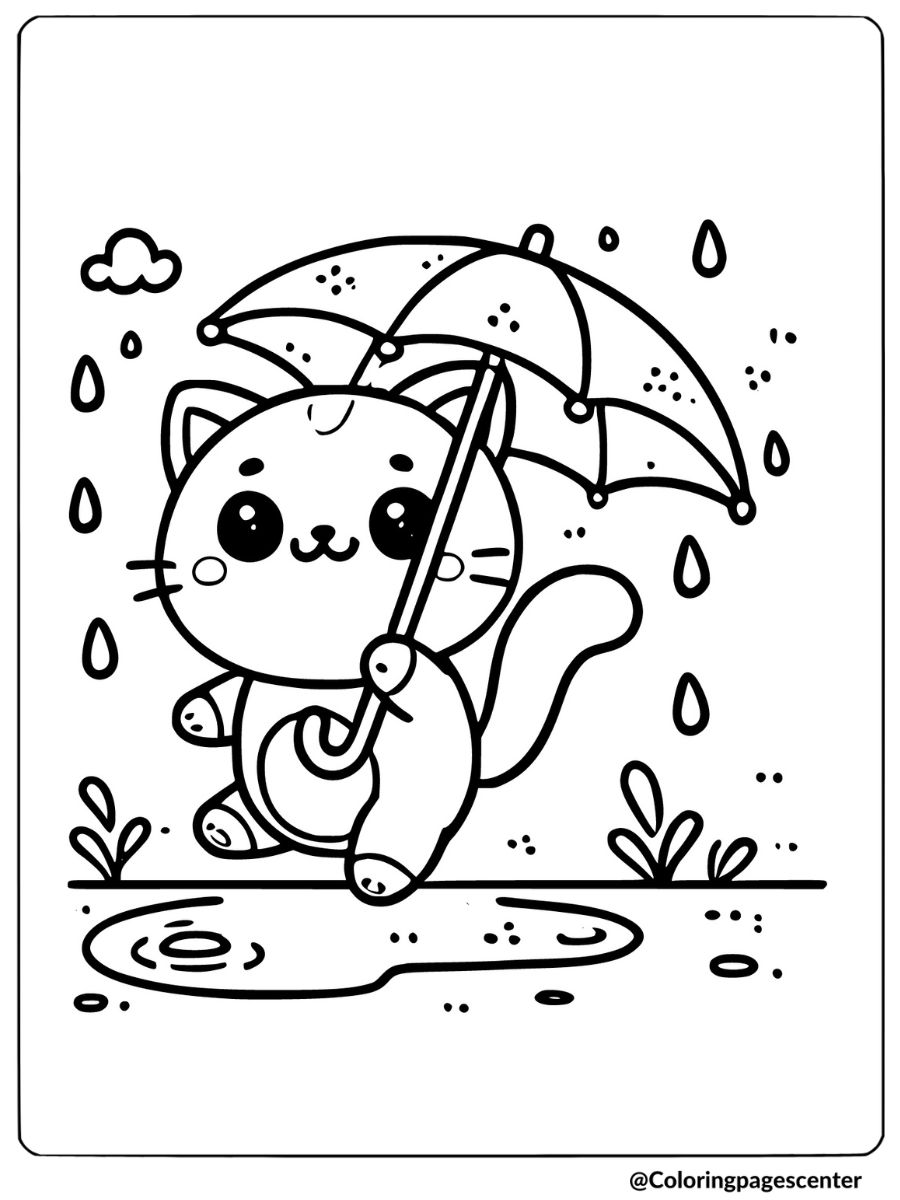 Cartoon cat with umbrella coloring page