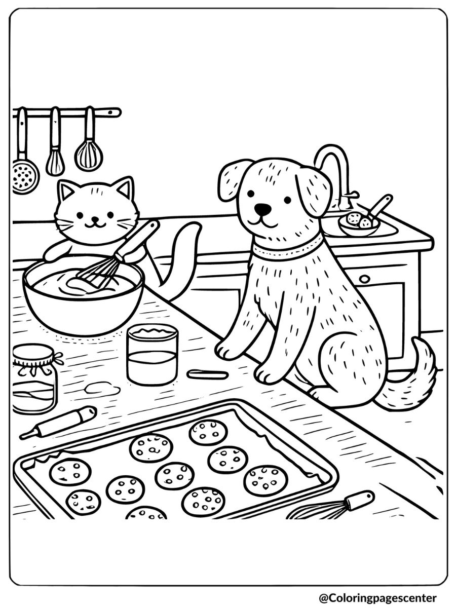 Cute coloring page of a cat dog baking cookies