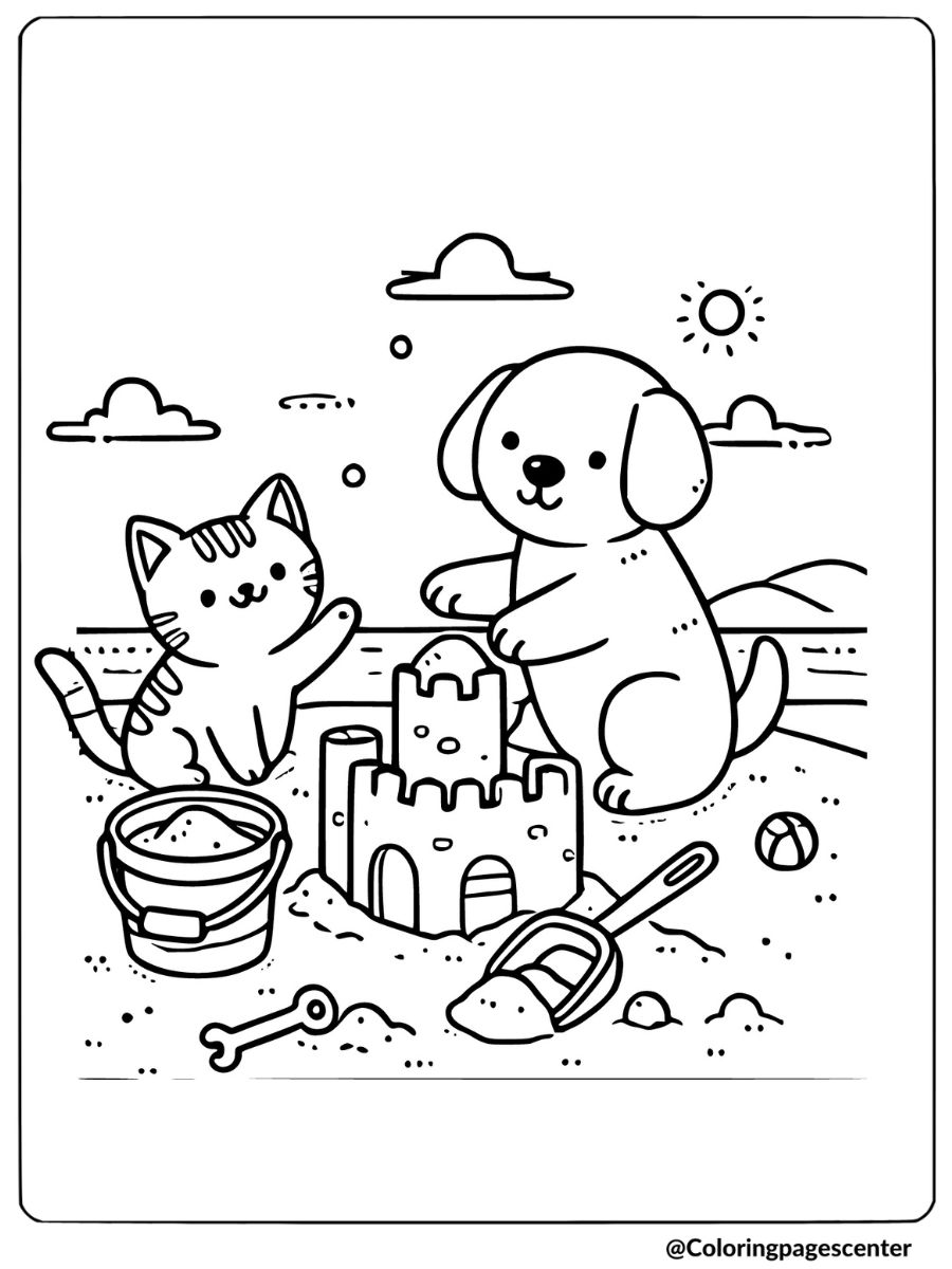 A cat and dog building a sandcastle coloring page