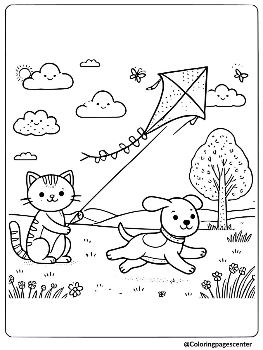 A cat and dog flying a kite coloring page