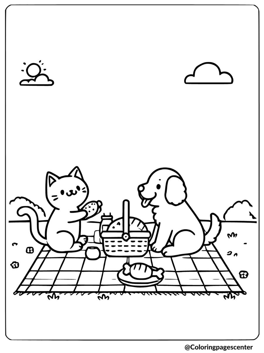 A cat and dog having a picnic coloring page