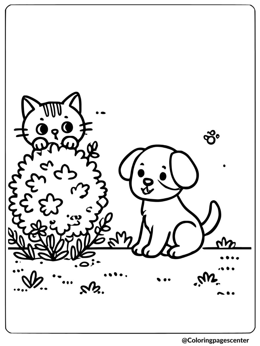 A cat and dog playing hide-and-seek coloring page