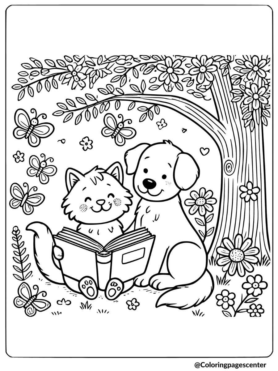 Coloring sheet of cat and dog reading under a tree