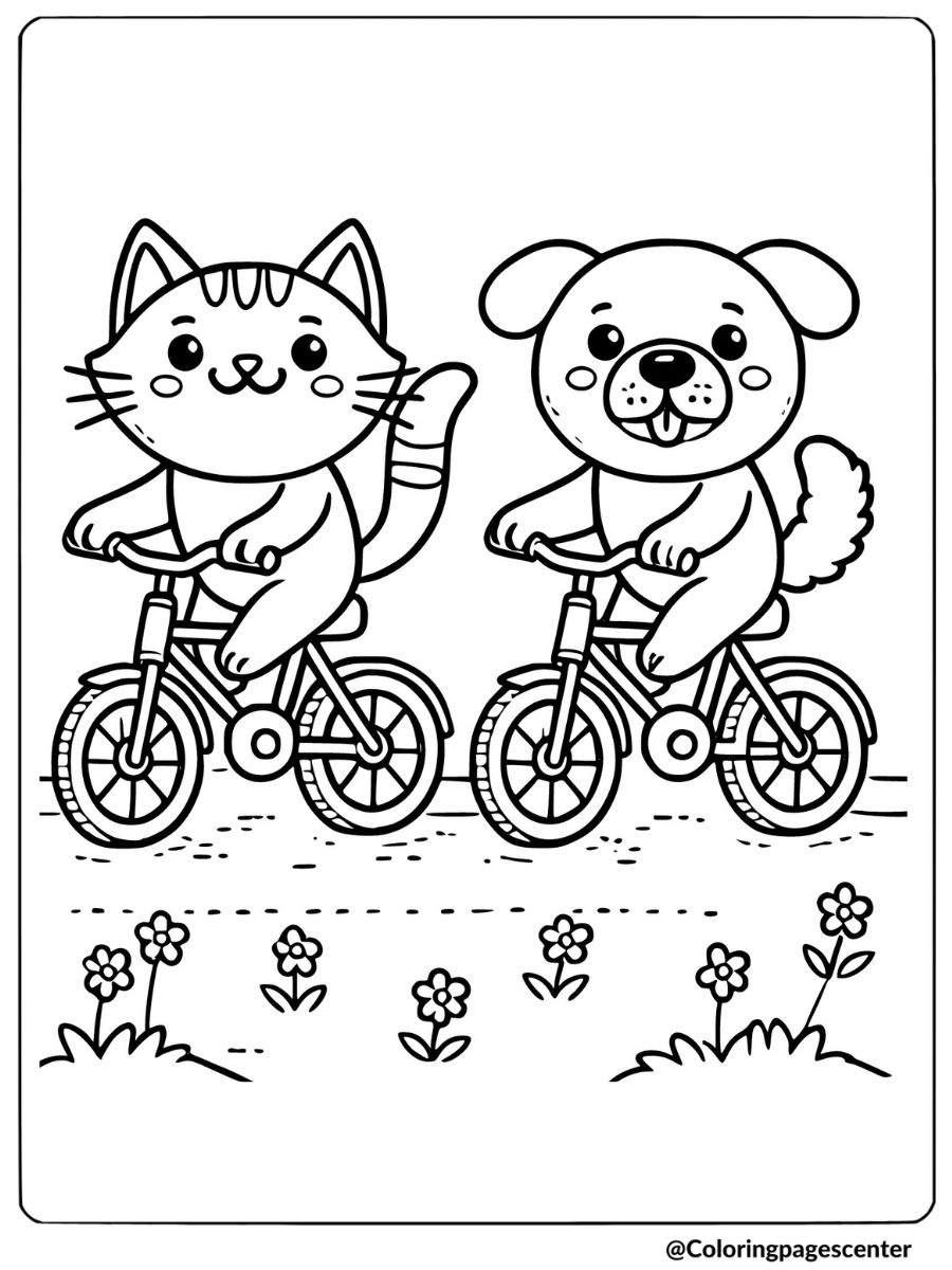 A cat and dog riding bikes coloring page