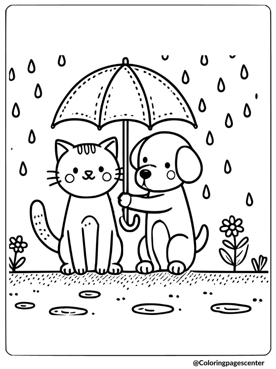 Cat and dog sharing an umbrella on a rainy day coloring page