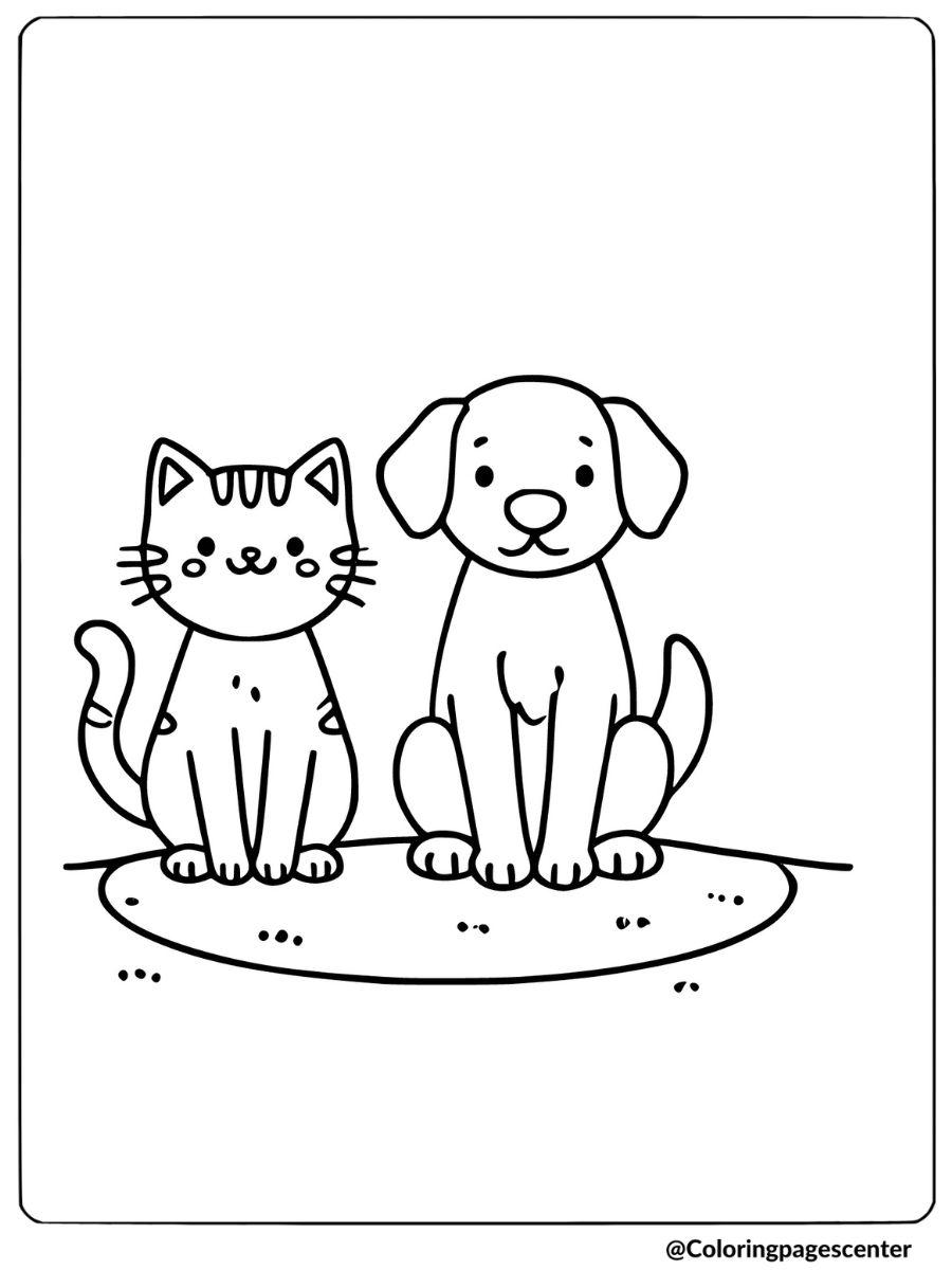 A cat and dog sitting together coloring page