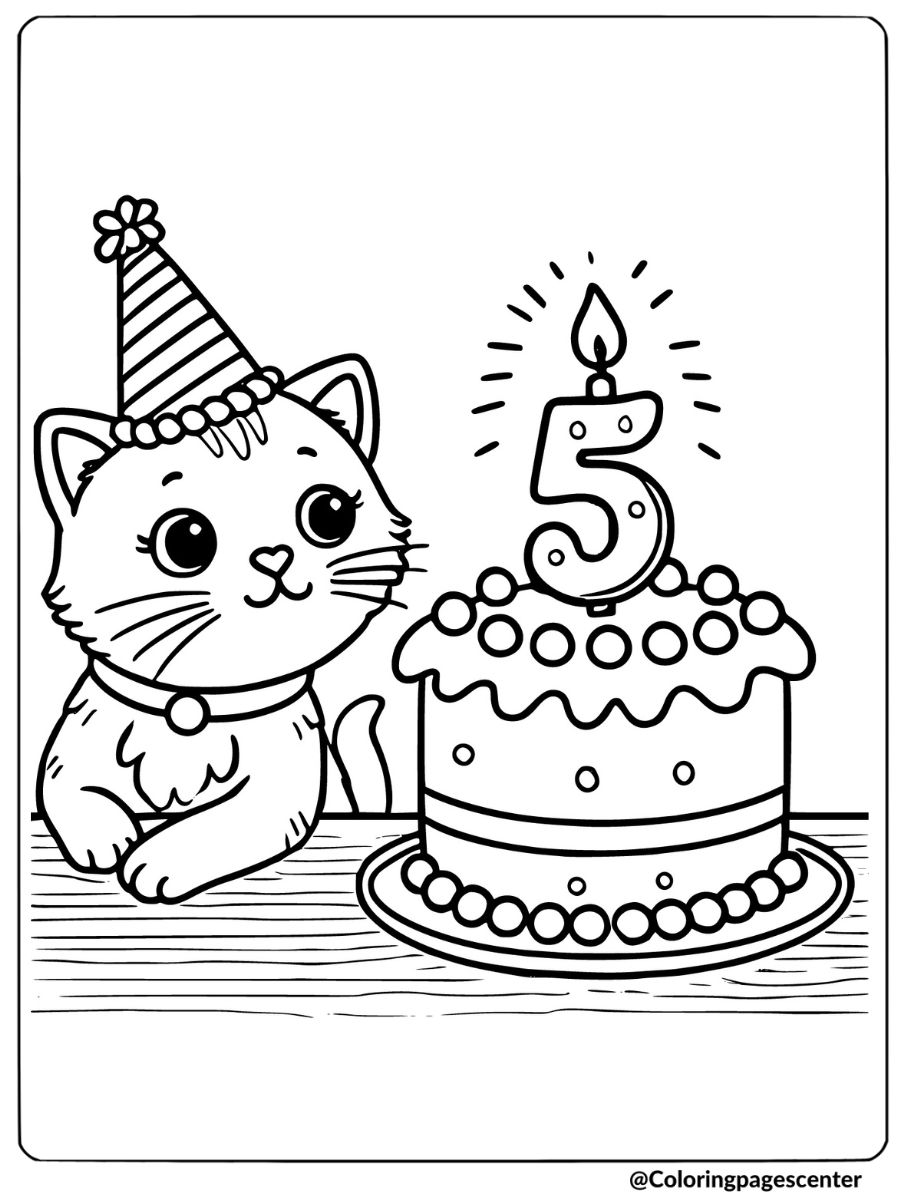 Cat's 5th birthday cake coloring page