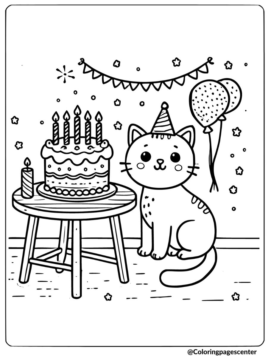 Happy birthday cat coloring page