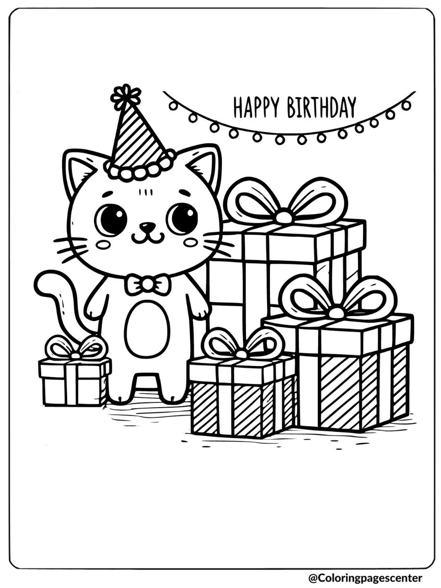 Cat with birthday gift coloring page 