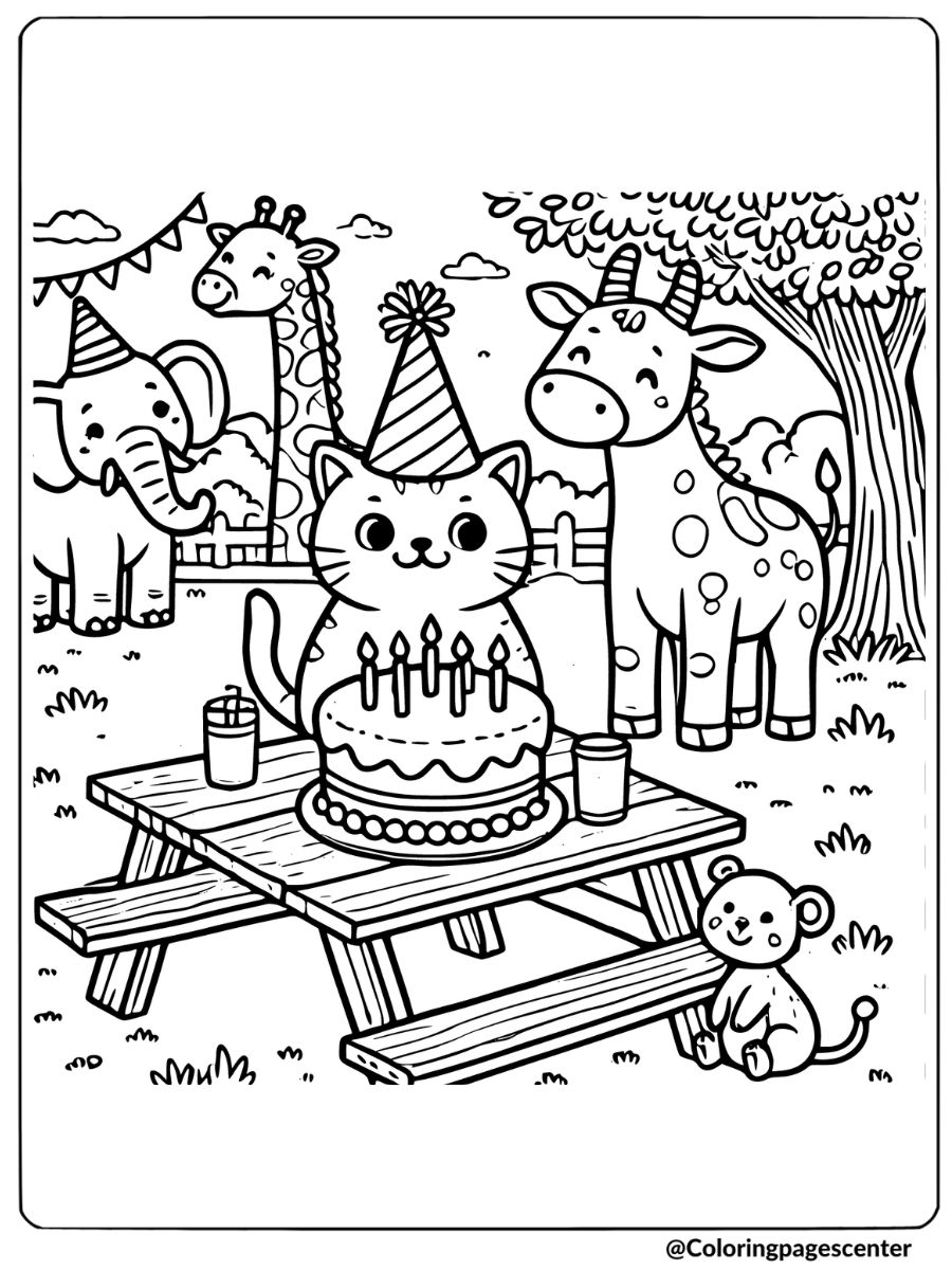 Coloring page of a cat's birthday party in the park