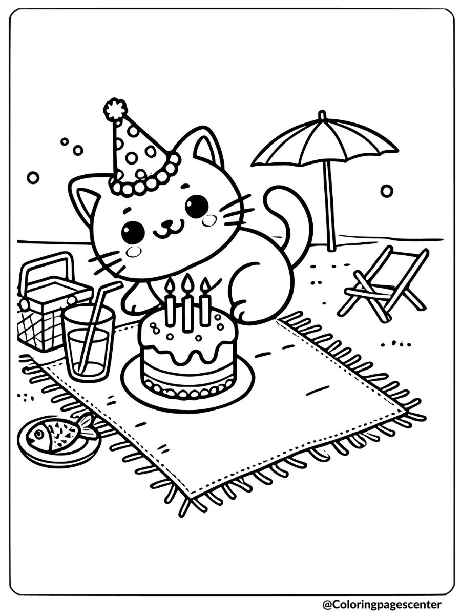 Birthday cat on the beach coloring page