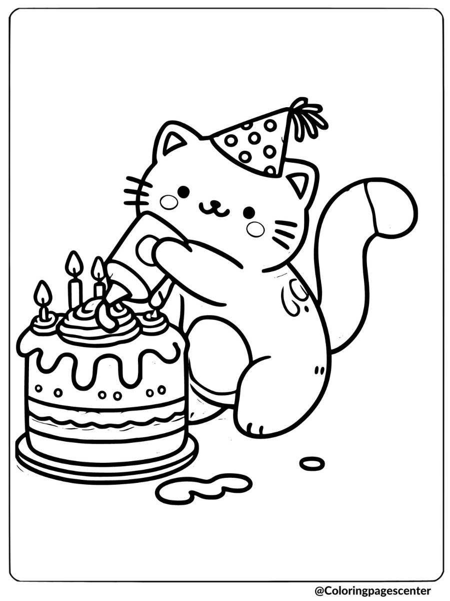 Cat's birthday cake decoration coloring page