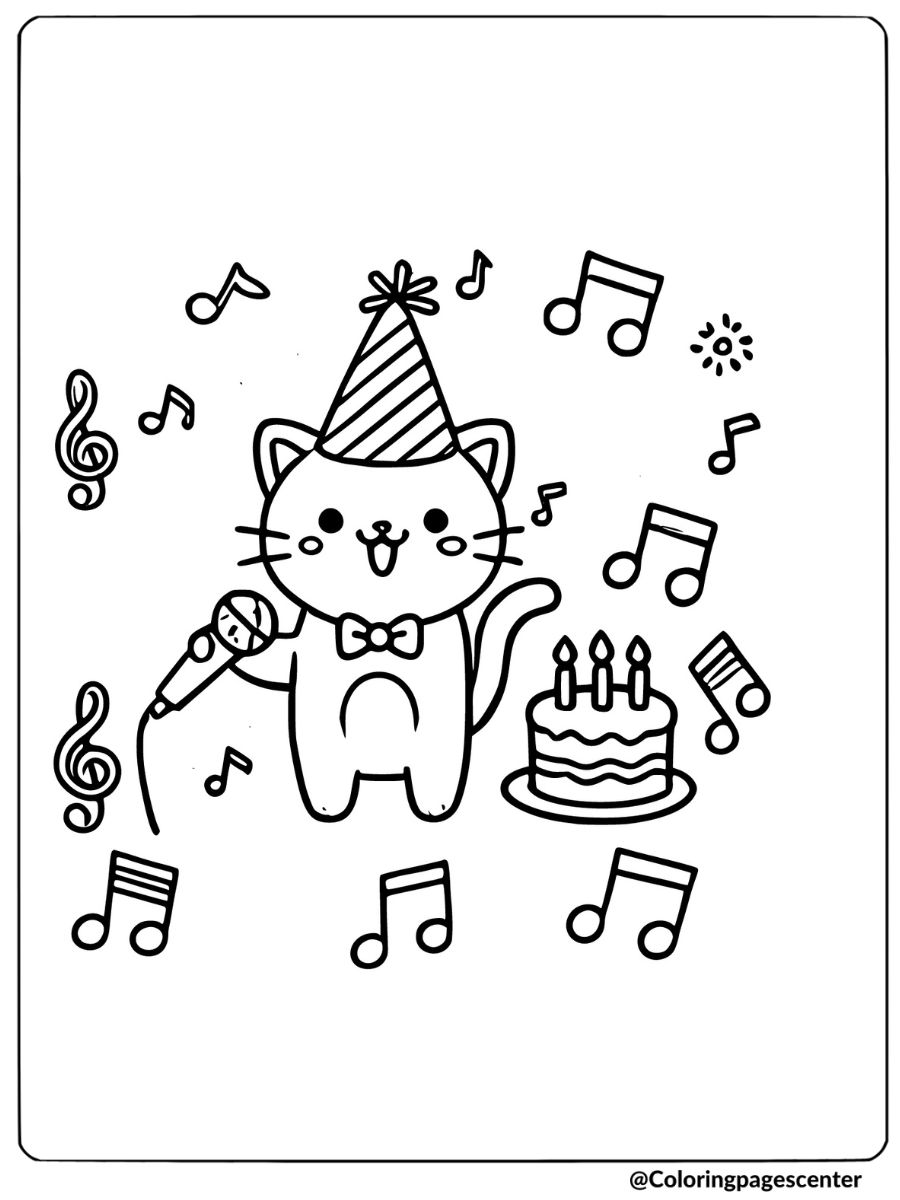 Coloring page of a cat singing at a birthday party