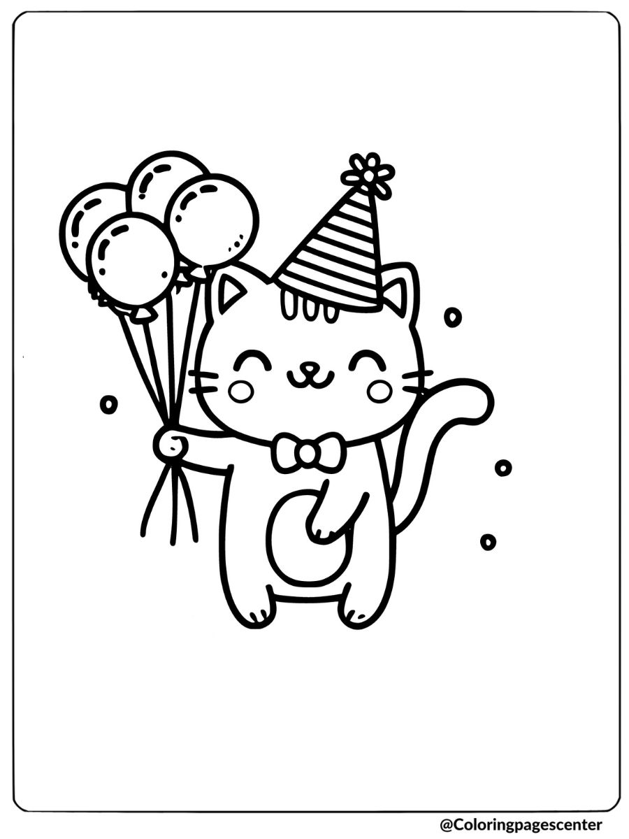 Cat with birthday balloons coloring page