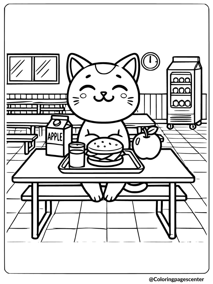 Coloring page of a cat eating lunch for kids