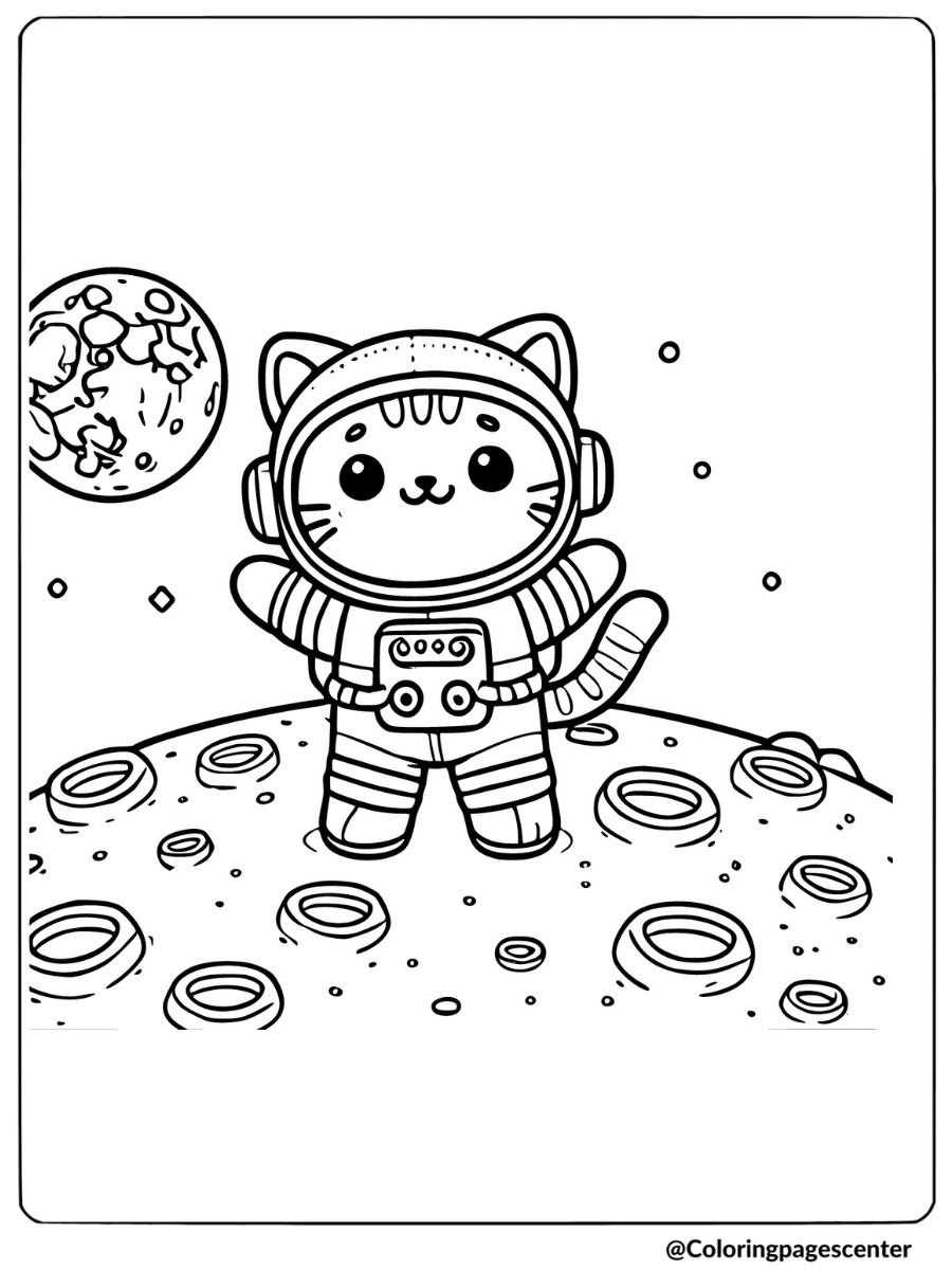 Coloring page of a cat astronaut on moon for kids 