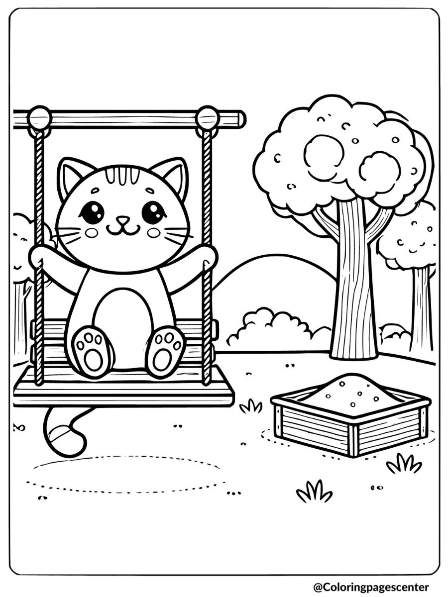 Coloring page of a cat on swing in park for kids