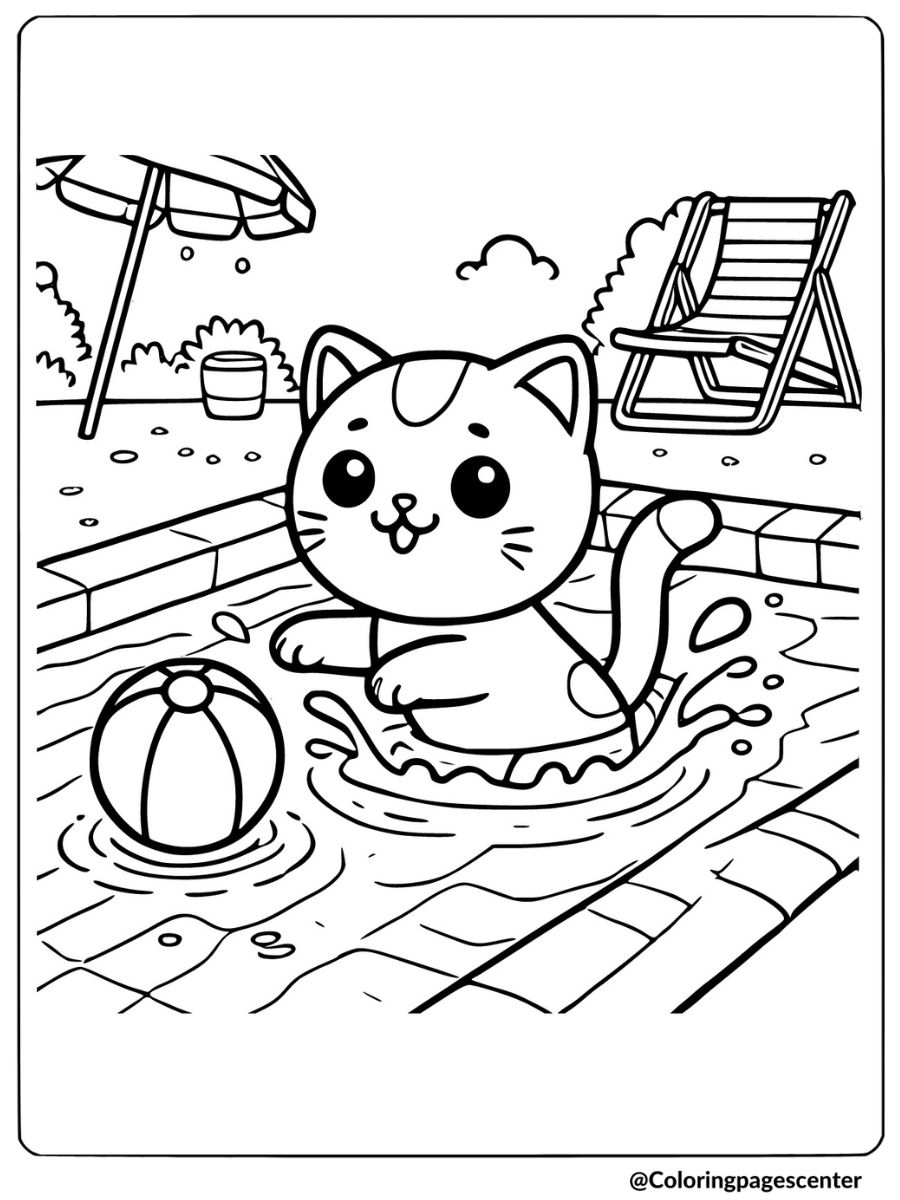 Coloring page of a cat in swimming pool for kids 