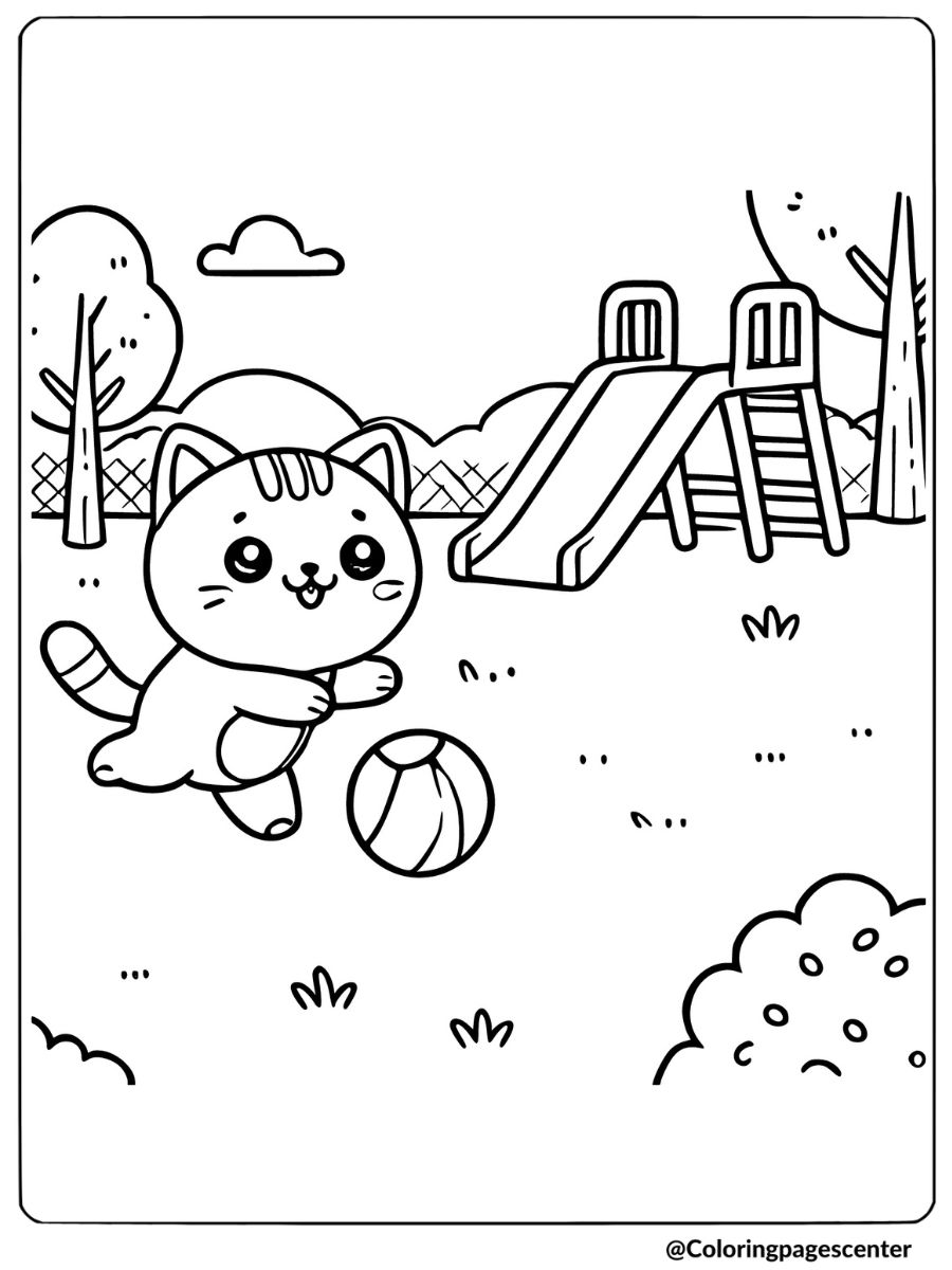 Coloring page of a cat with ball in park for kids