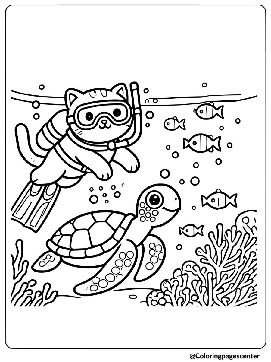 Coloring pages for kids of cat underwater with turtle