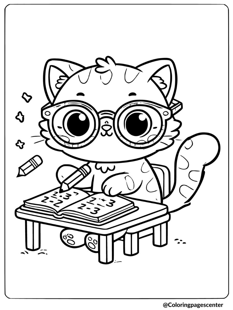 Coloring page for kids of a cat doing math homework