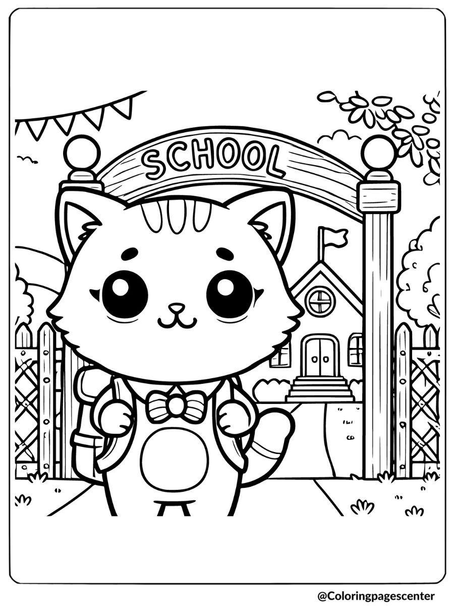 Coloring page for kids of a cat at school entrance