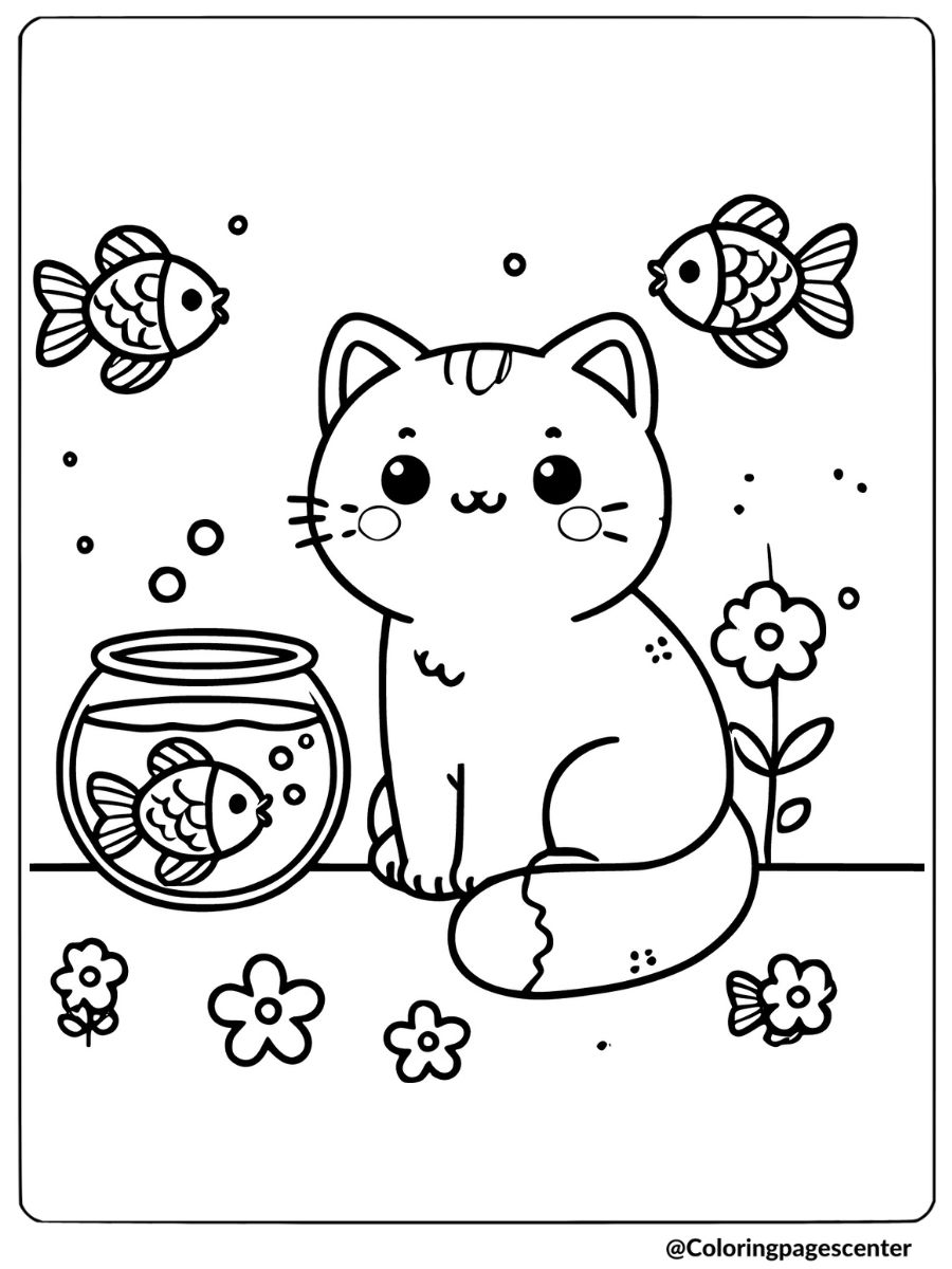 cat sitting with fish bowl coloring page for kids