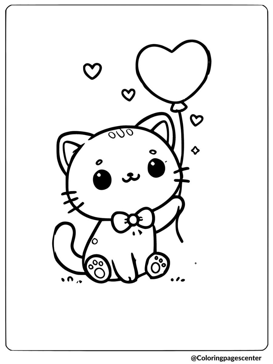 Coloring page of a cat with heart shaped balloon for kids