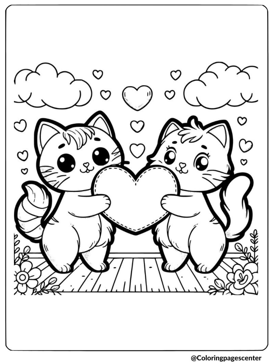 Valentine cats holding a large heart coloring page