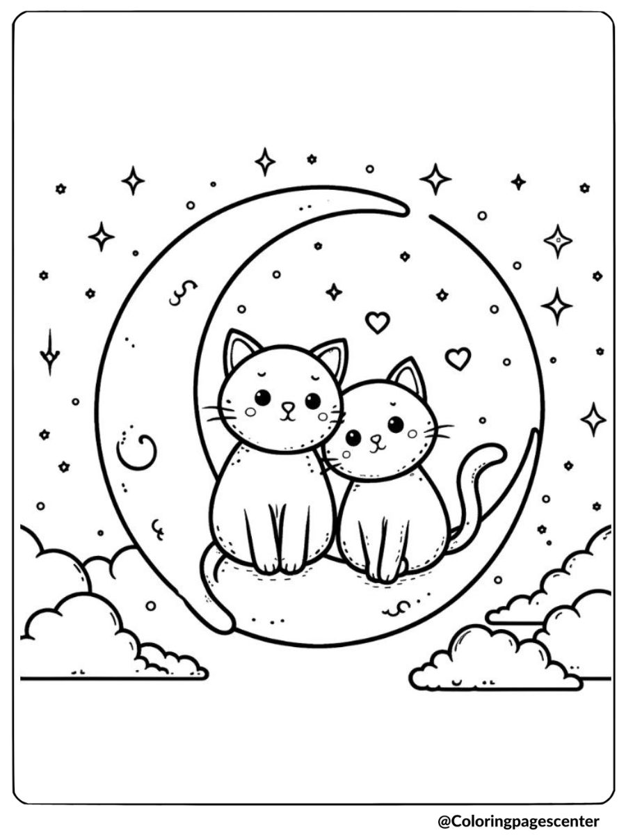 Valentine cats on a crescent moon coloring page