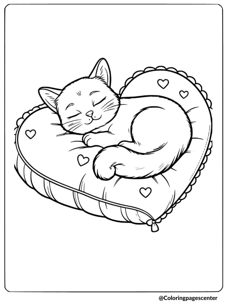 valentine cat on a heart-shaped pillow coloring page