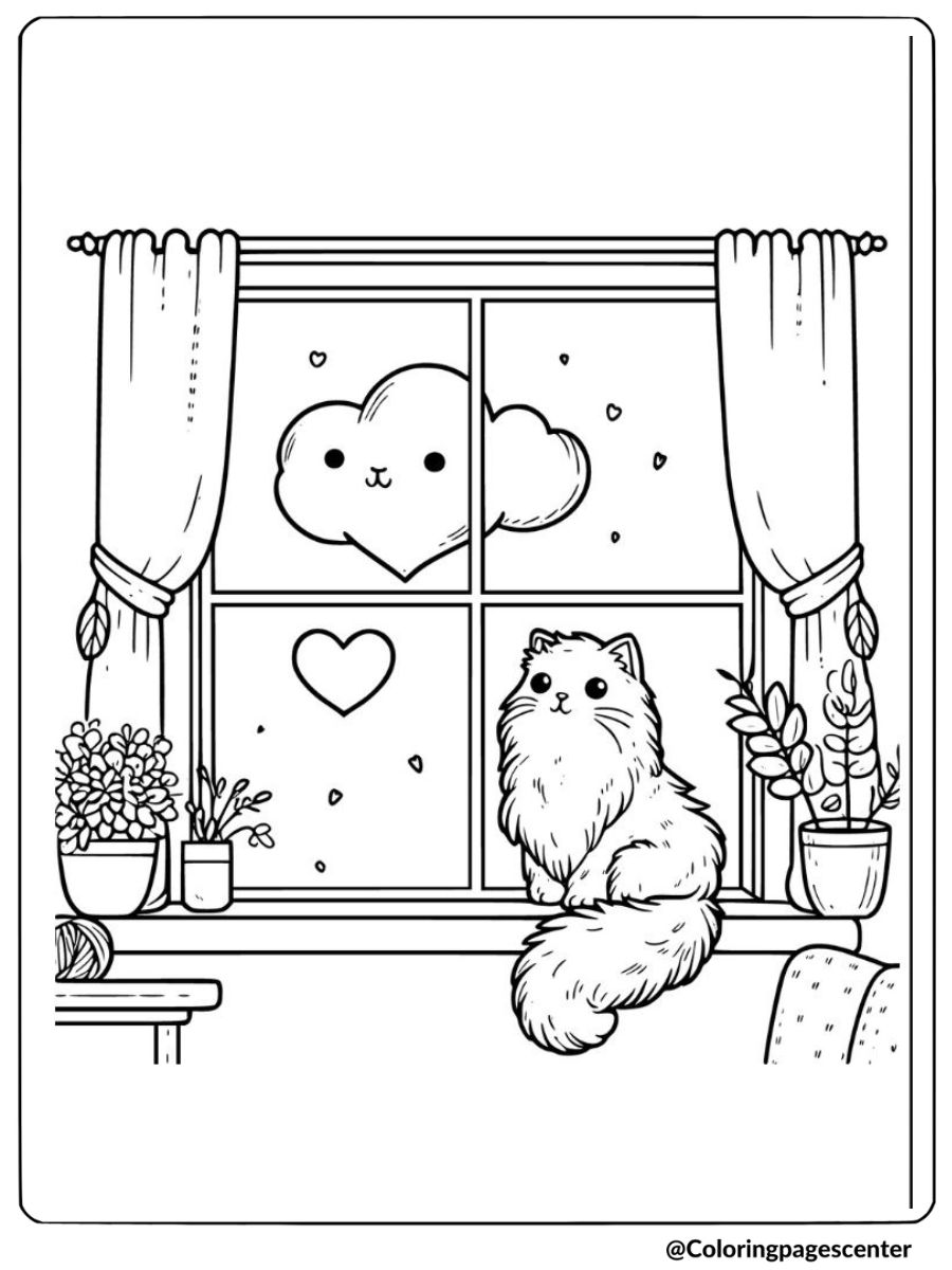 valentine cat on a windowsill looking outside coloring page