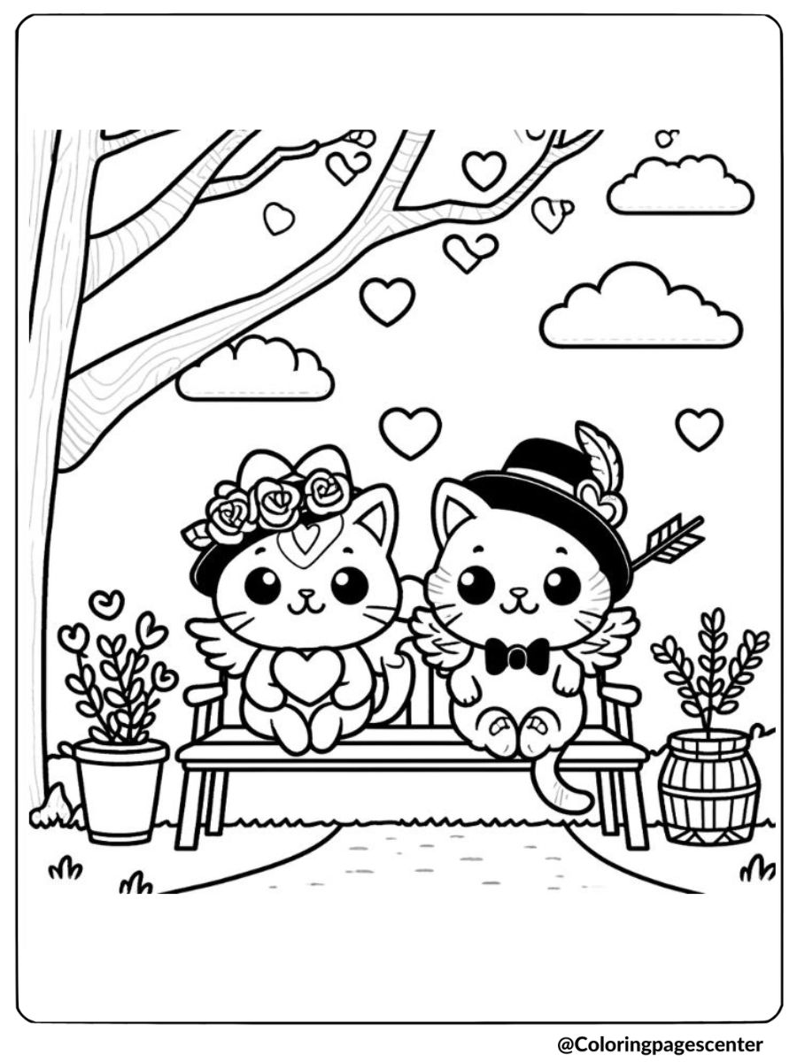 valentine cats sitting on a bench with hearts coloring page