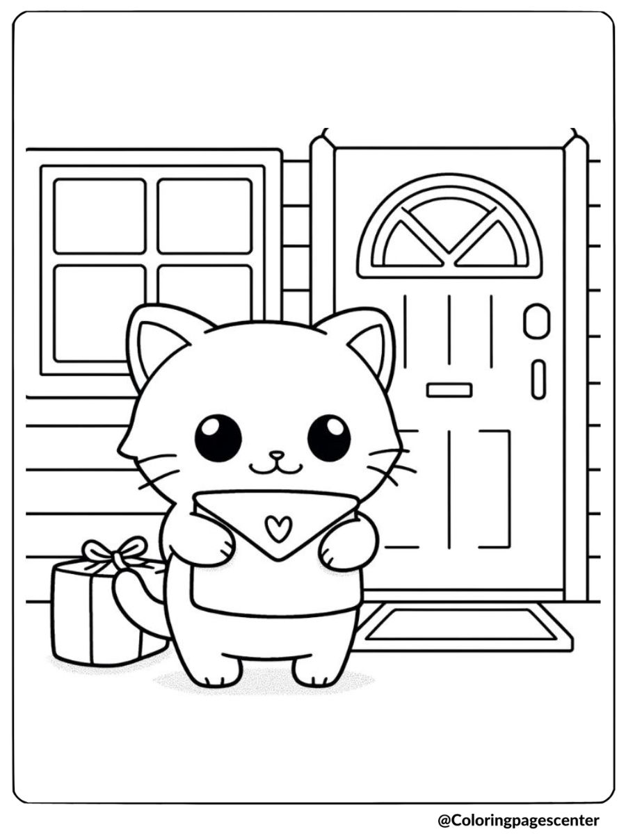 valentine cat with an envelope in front of a house coloring page