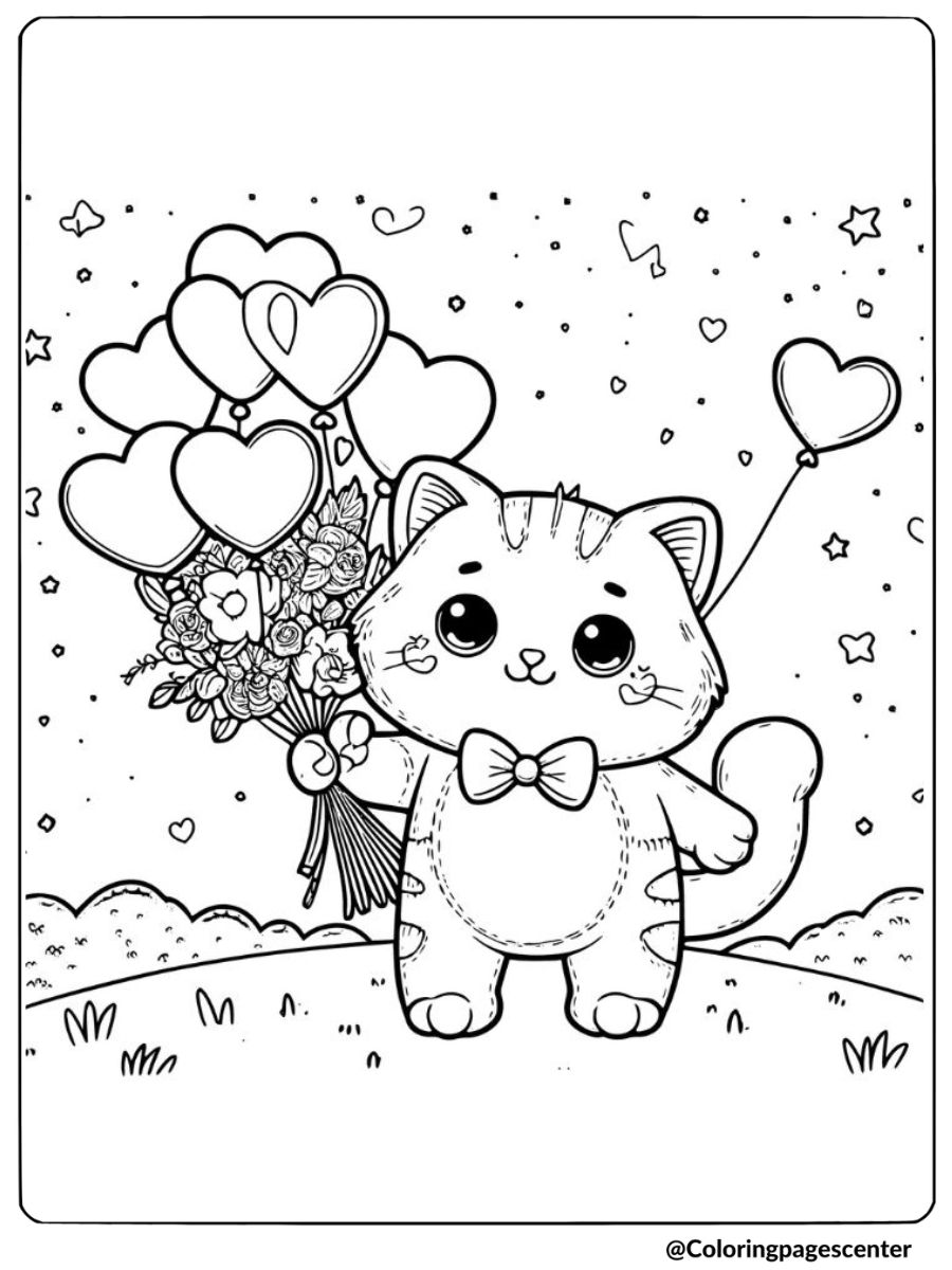 valentine cat with heart balloons and flowers coloring page