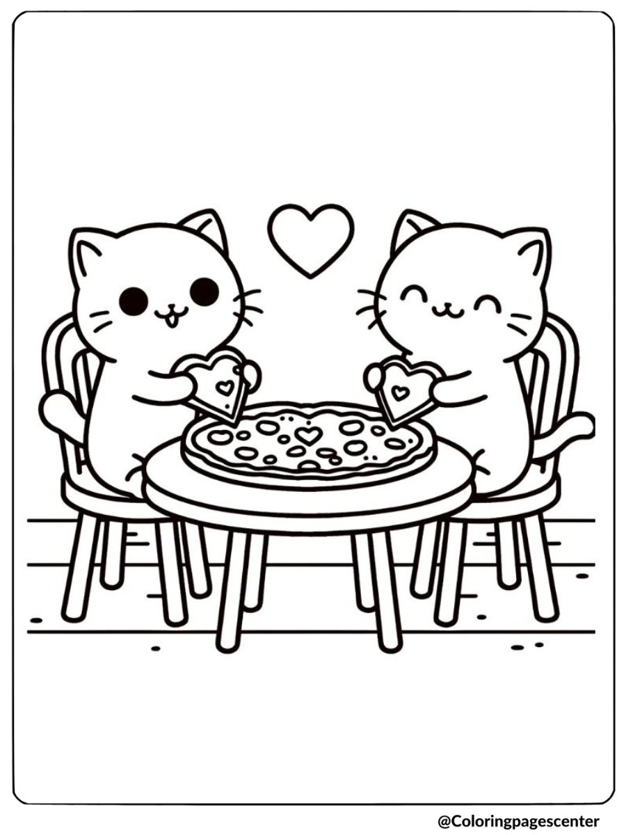 valentine cats with heart-shaped pizza coloring page