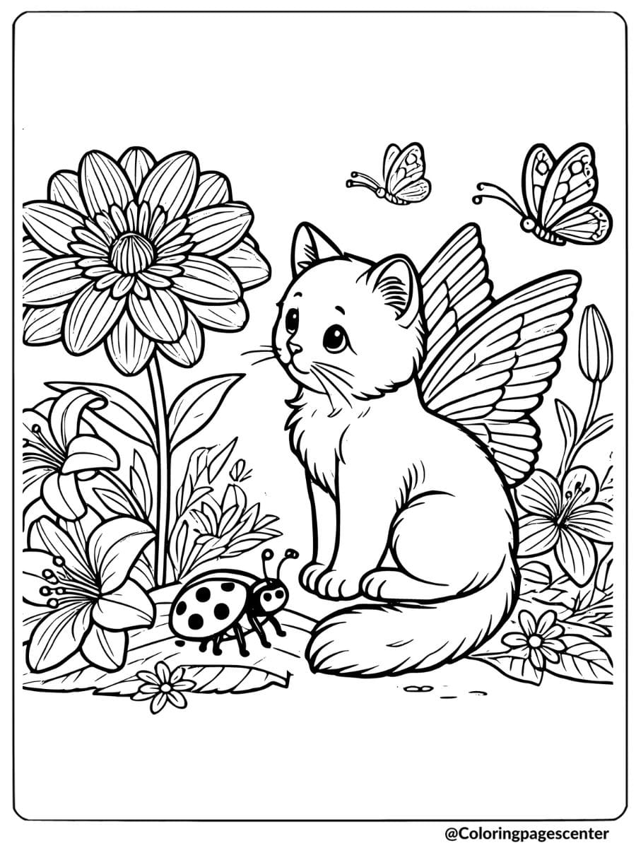 Coloring page of a winged cat in a flower garden