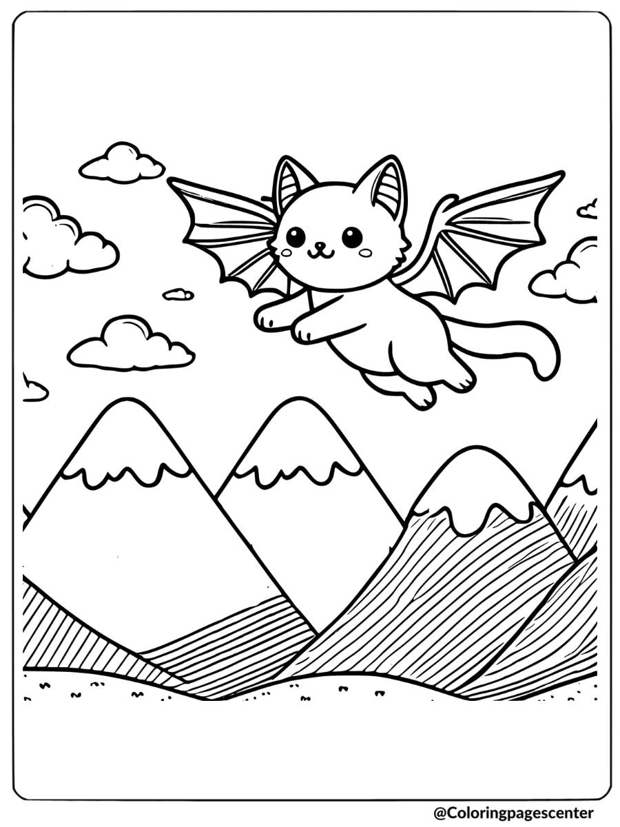 Coloring page of a bat-winged cat flying over the mountains