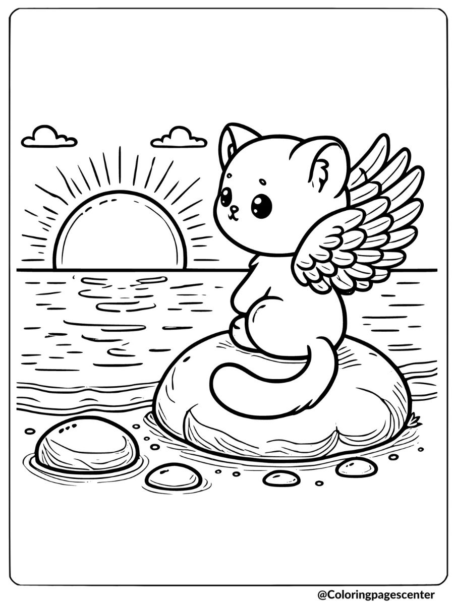 Coloring page of a winged cat watching the sunset